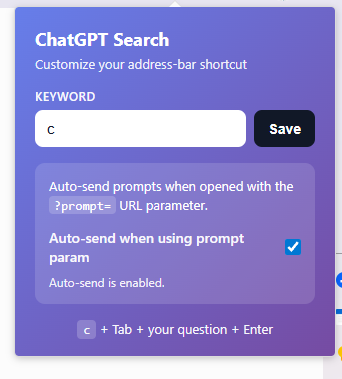 ChatGPT Search popup with quick search, setup guide, and auto-send toggle